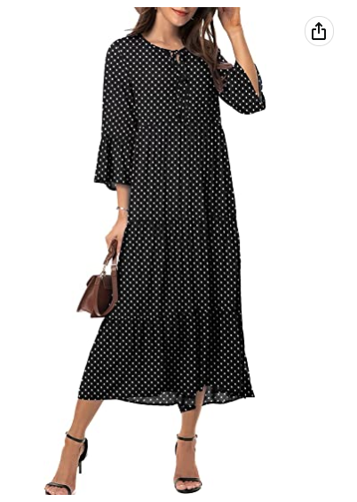 Womens 3/4 Sleeve Summer Boho Dress Front Tie Neck Vintage Floral Print Ruffle Hem Casual Bohemian Flowy Midi Dress